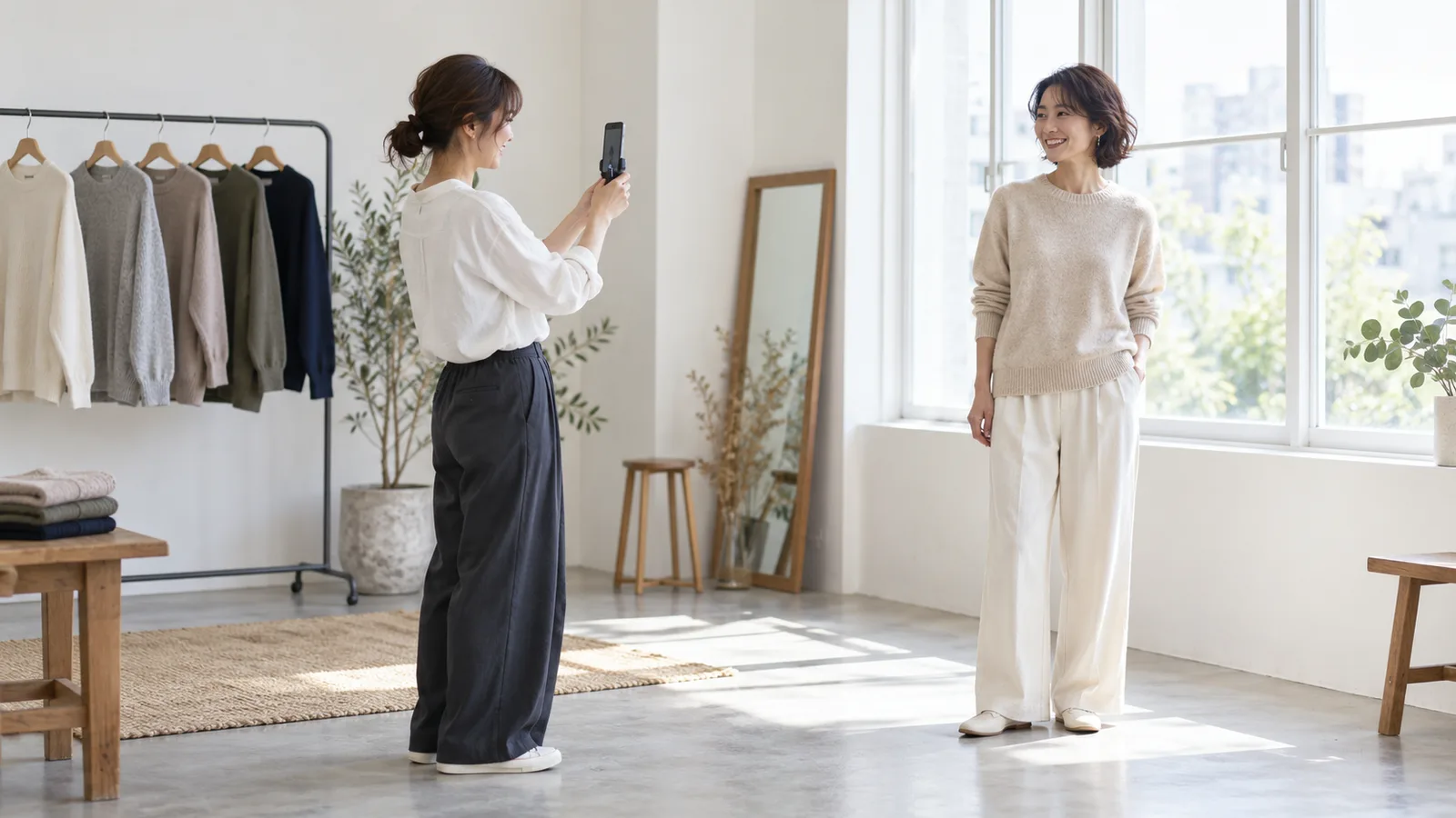 明るいアパレルのスタジオで、女性がベージュのセーターを着たモデルをスマートフォンで撮影している様子