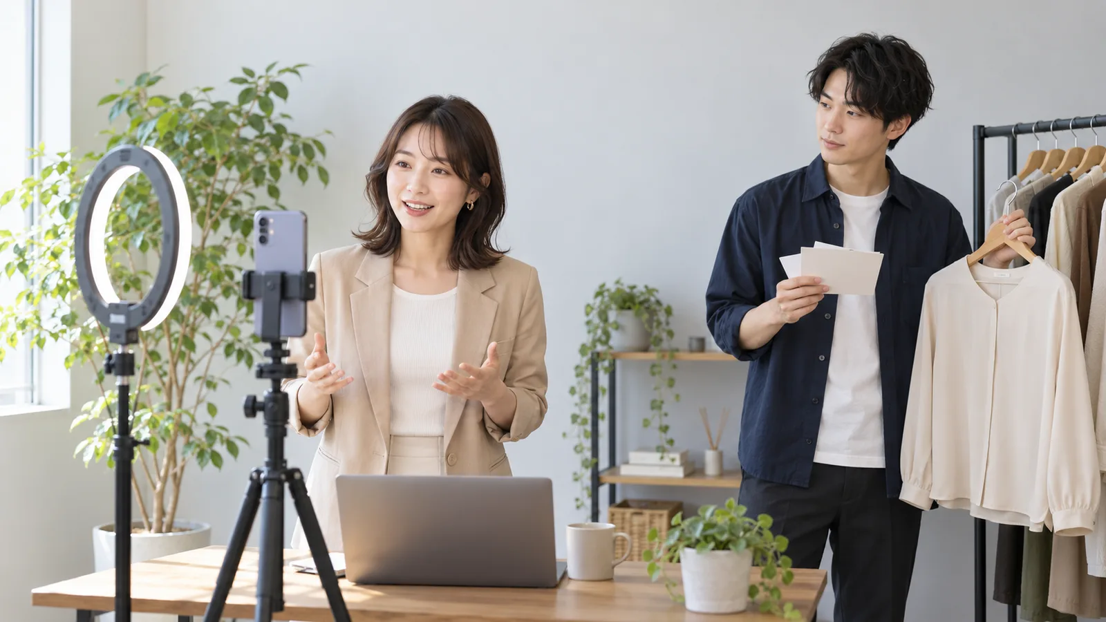 明るいオフィスの一角で、リングライトと三脚のスマートフォンの前で女性が話し、男性がメモと服を用意して撮影の準備をしている様子