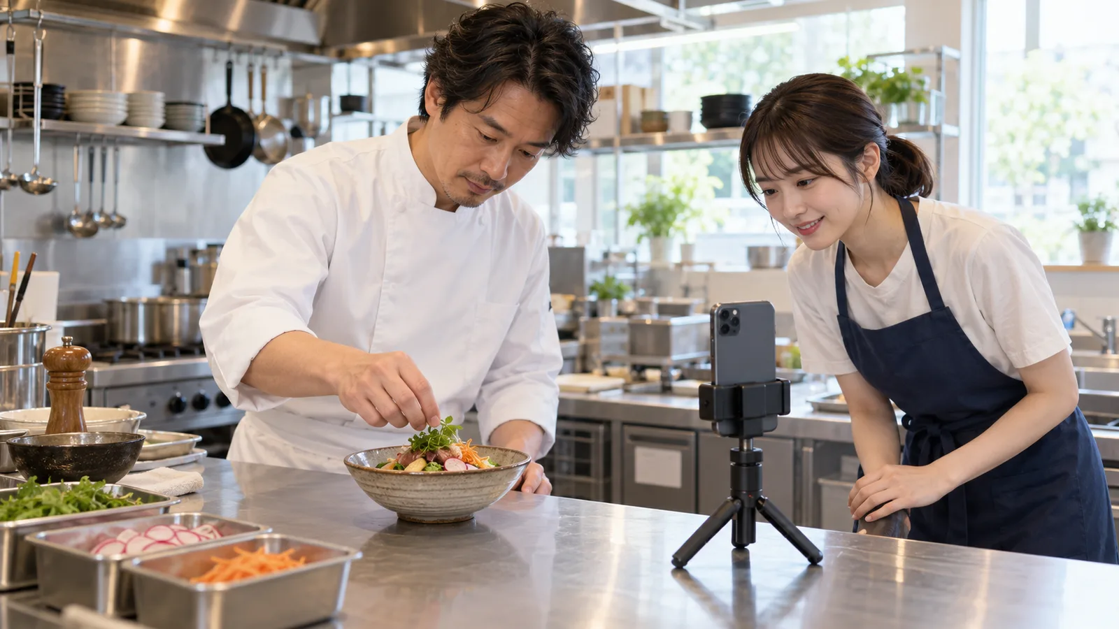 明るい飲食店の厨房で、料理人が盛り付ける料理を、女性のスタッフが三脚に立てたスマートフォンで縦向きに撮影している様子