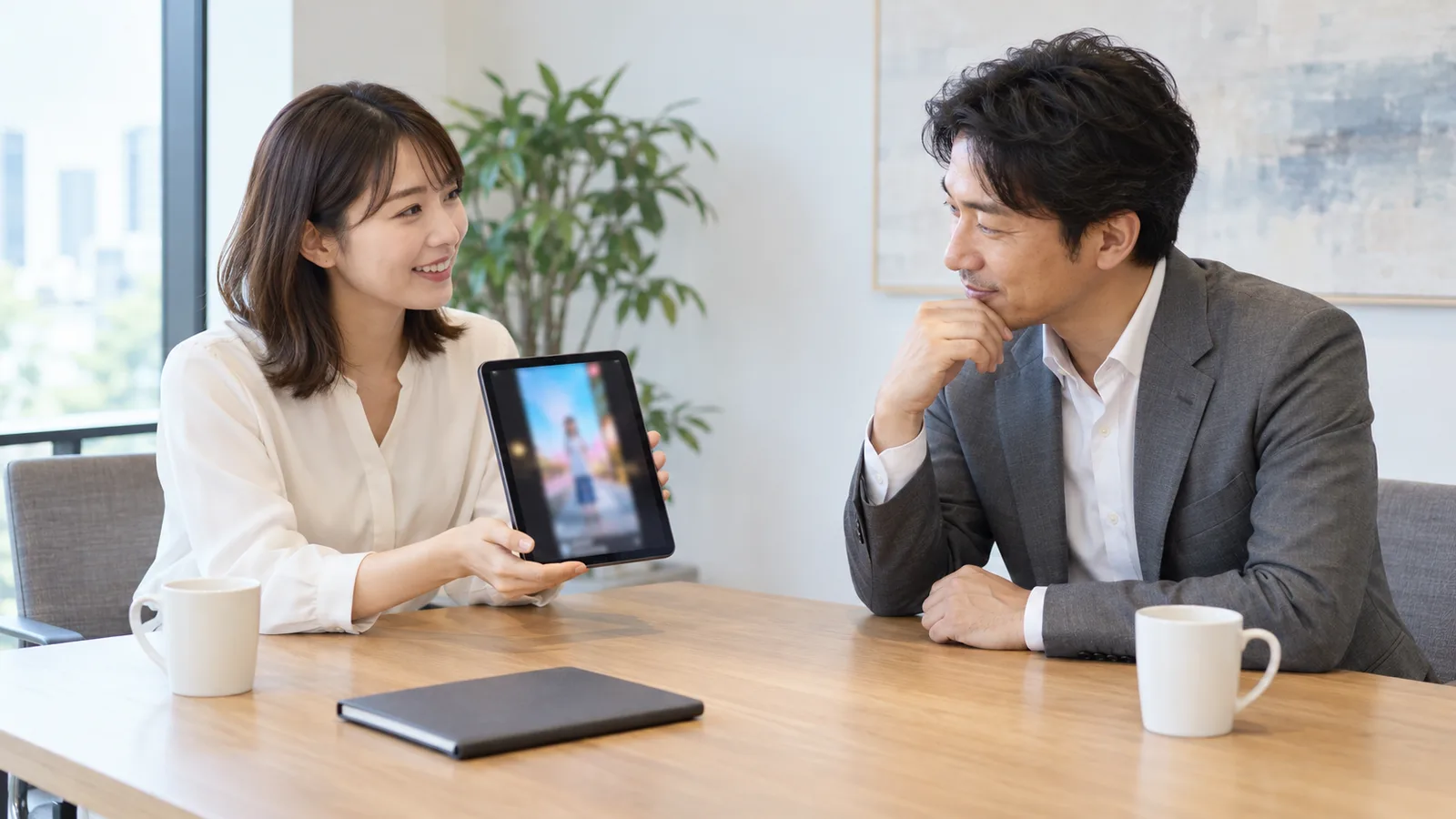 明るい打ち合わせスペースで、女性がタブレットの縦長の動画を見せながら、男性の担当者に説明している様子