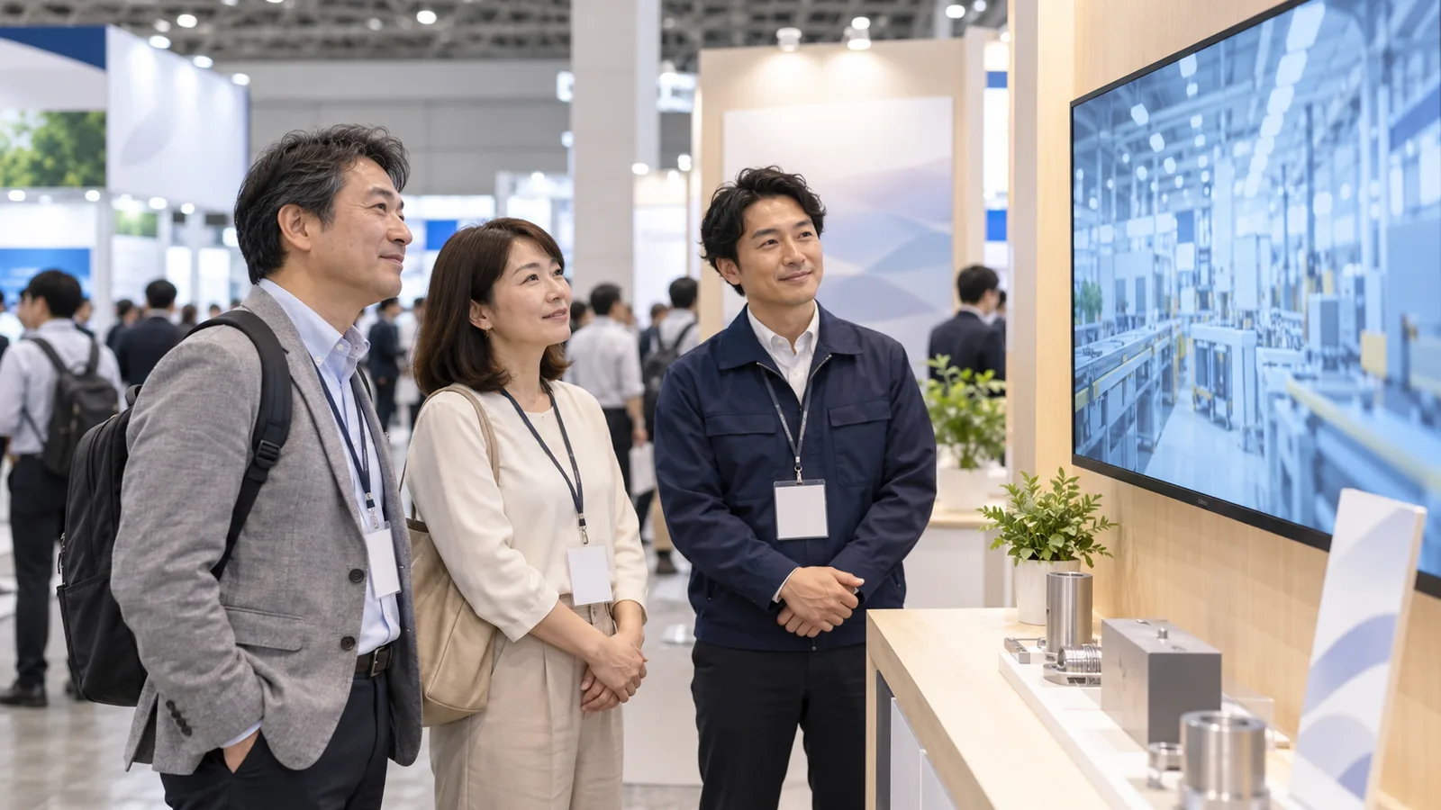 展示会のブースで、壁の大きなモニターに流れる動画を、来場者が足を止めて見ている様子