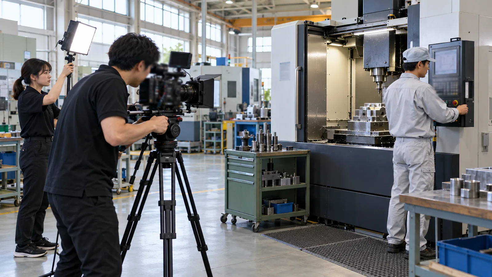 工場で、撮影スタッフがカメラを構え、機械を操作する作業者を撮影している様子