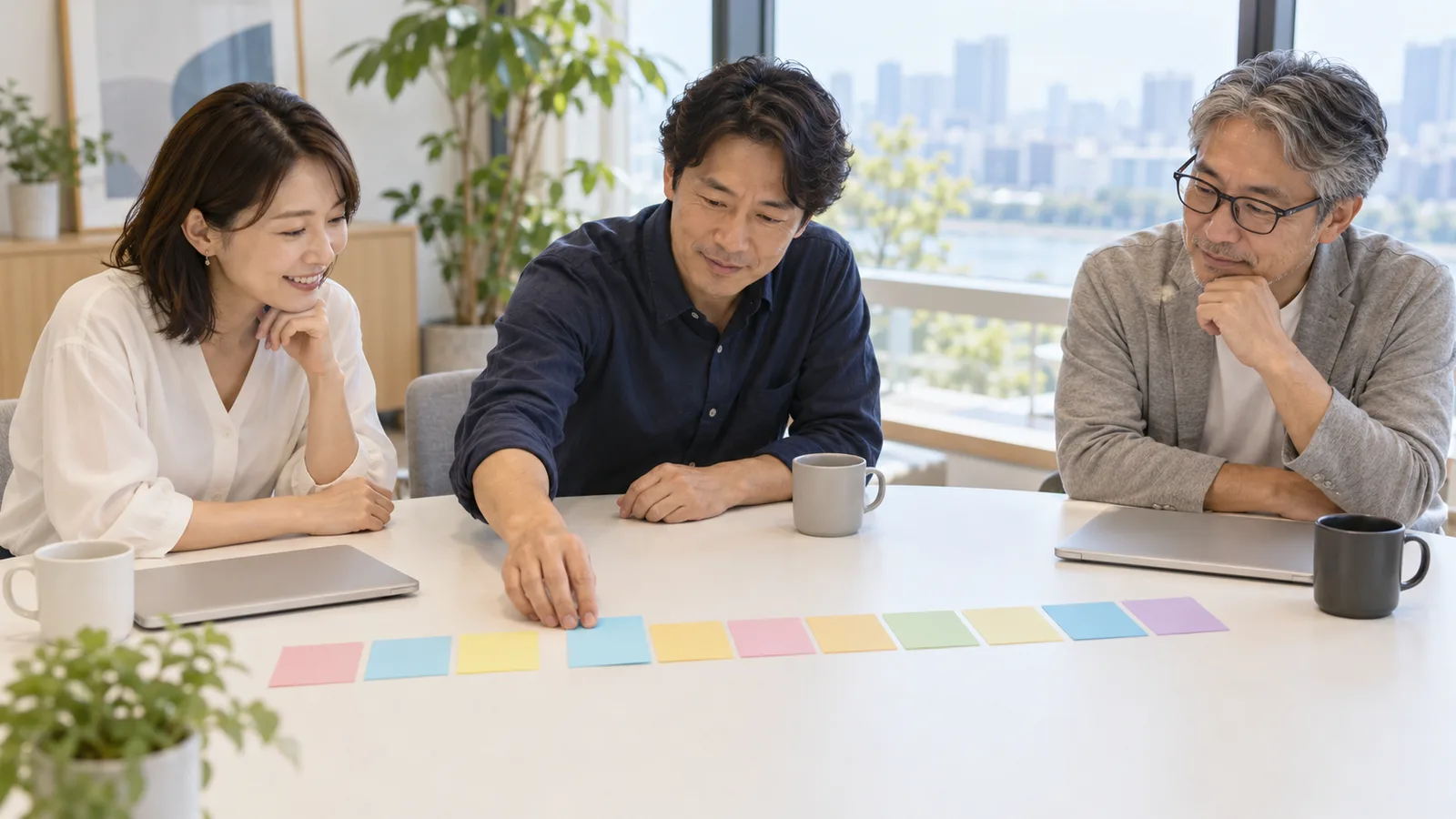 明るい会議室で、3人が机に色の付いたカードを並べ、動画の構成を話し合っている様子