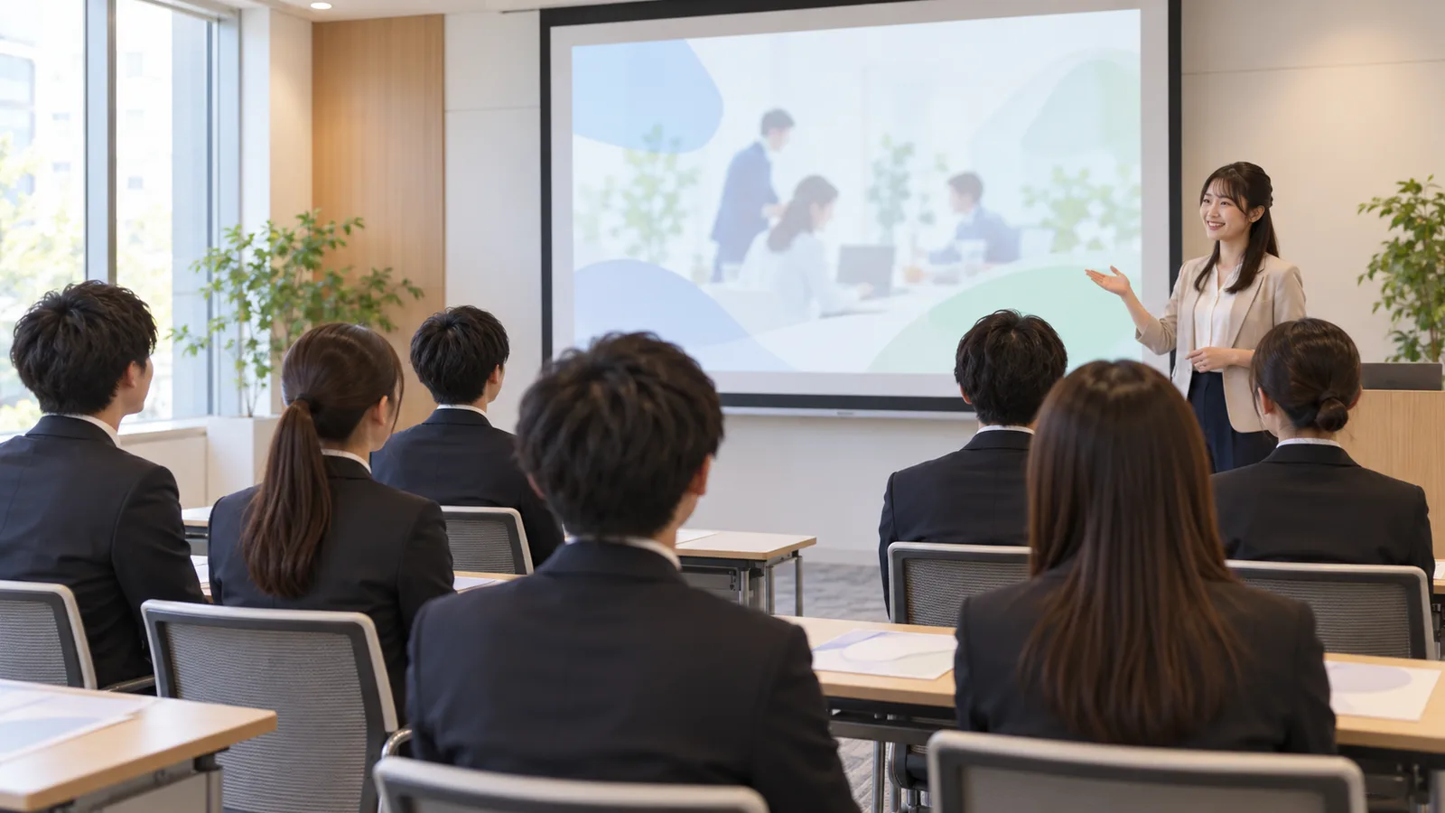 会社説明会の会場で、学生たちが前のスクリーンに映る会社紹介動画を見ている様子