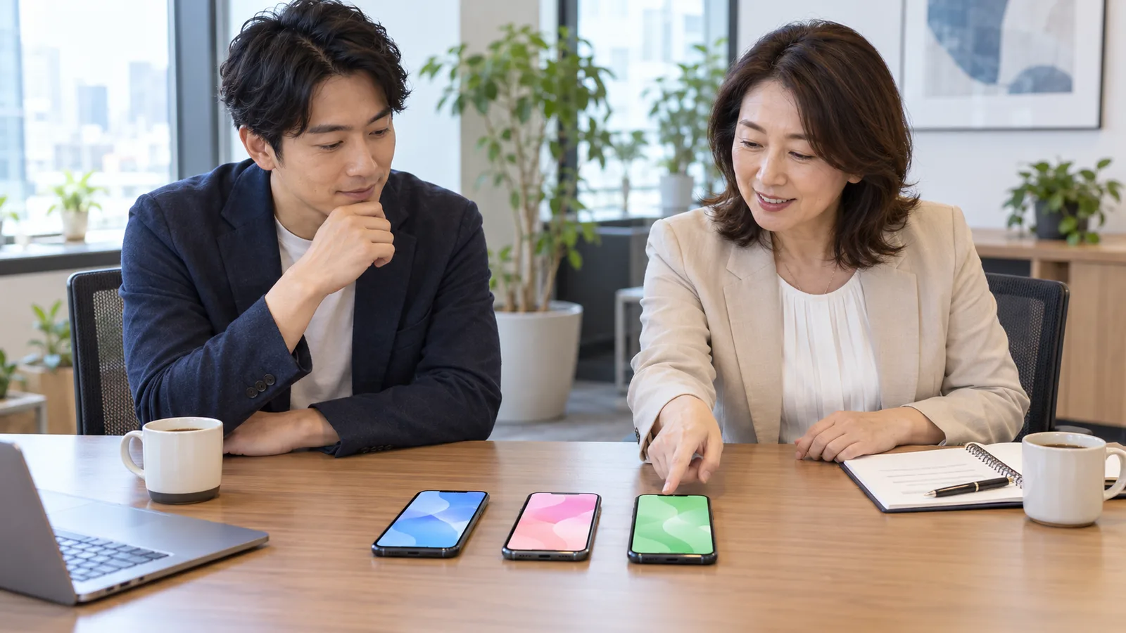 会議用の机に3台のスマートフォンを並べ、2人がどれにするか見比べている様子