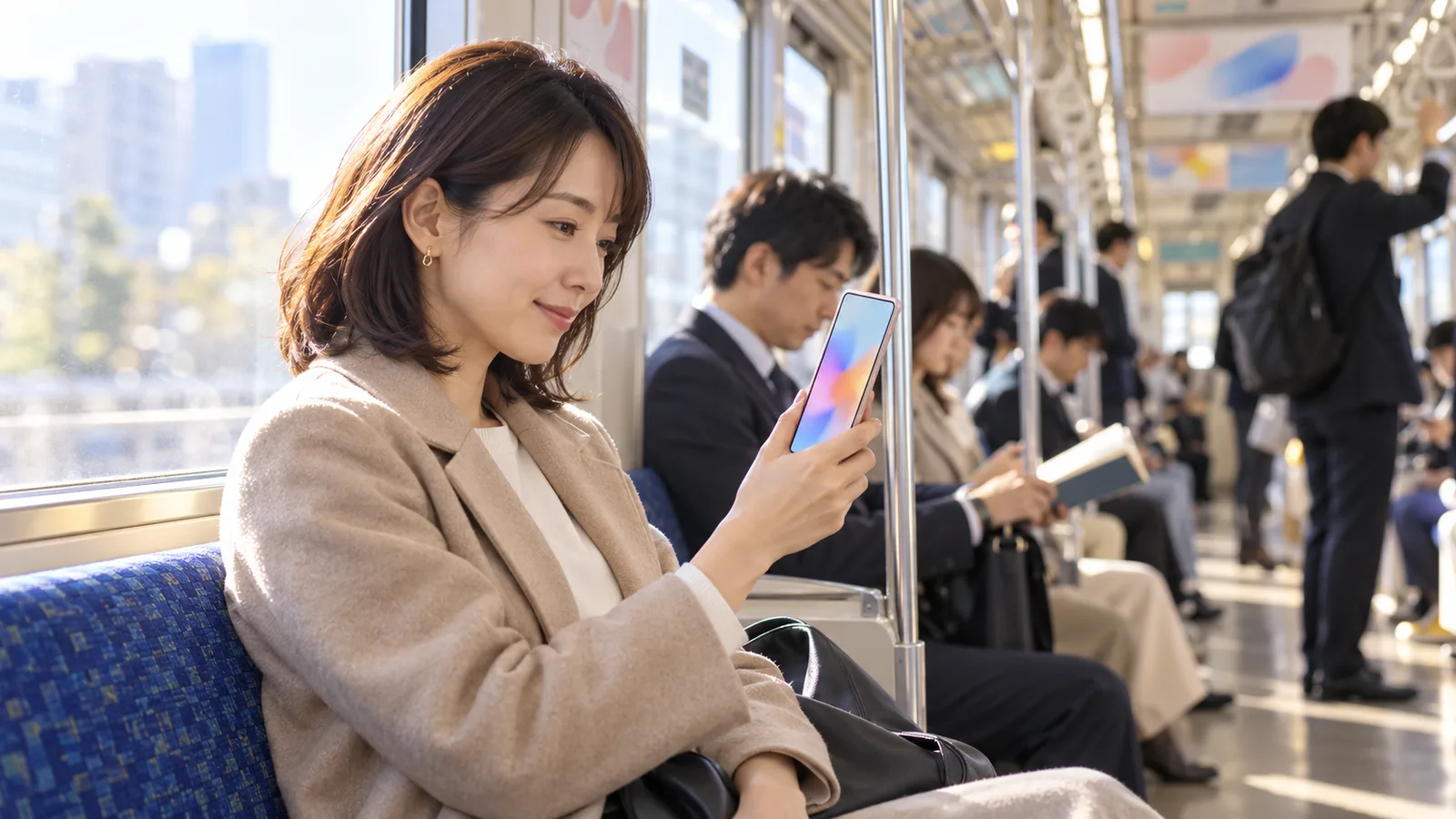 朝の電車で、女性がスマートフォンを縦に持ち、縦型の動画を見ている様子