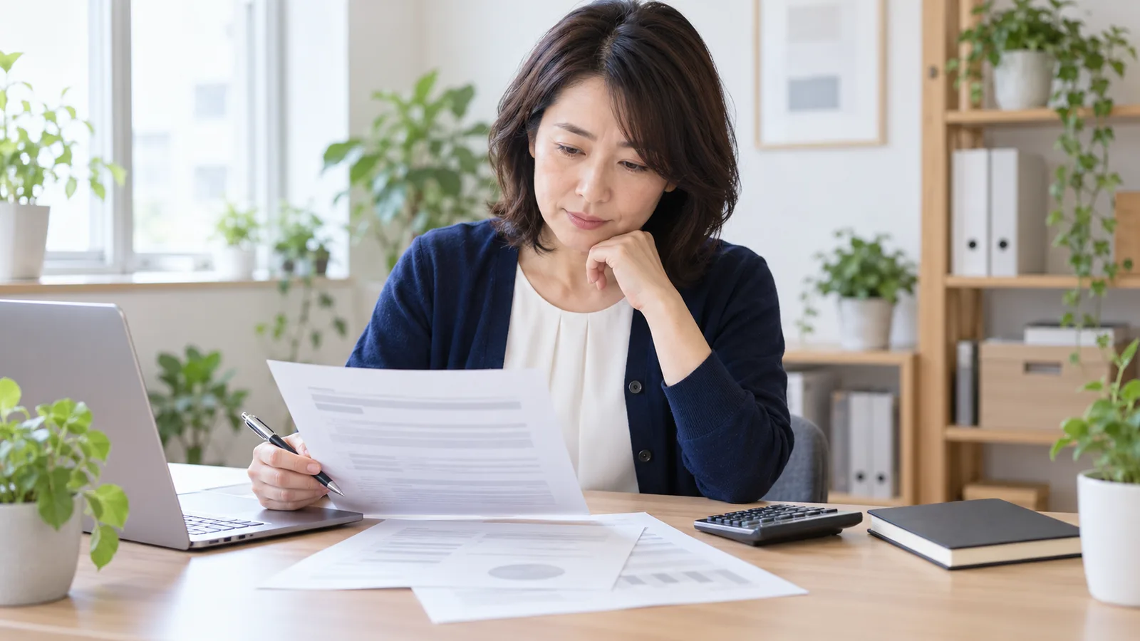 明るいオフィスで、女性がペンと電卓を手元に置き、予算の資料を見ながら考えている様子