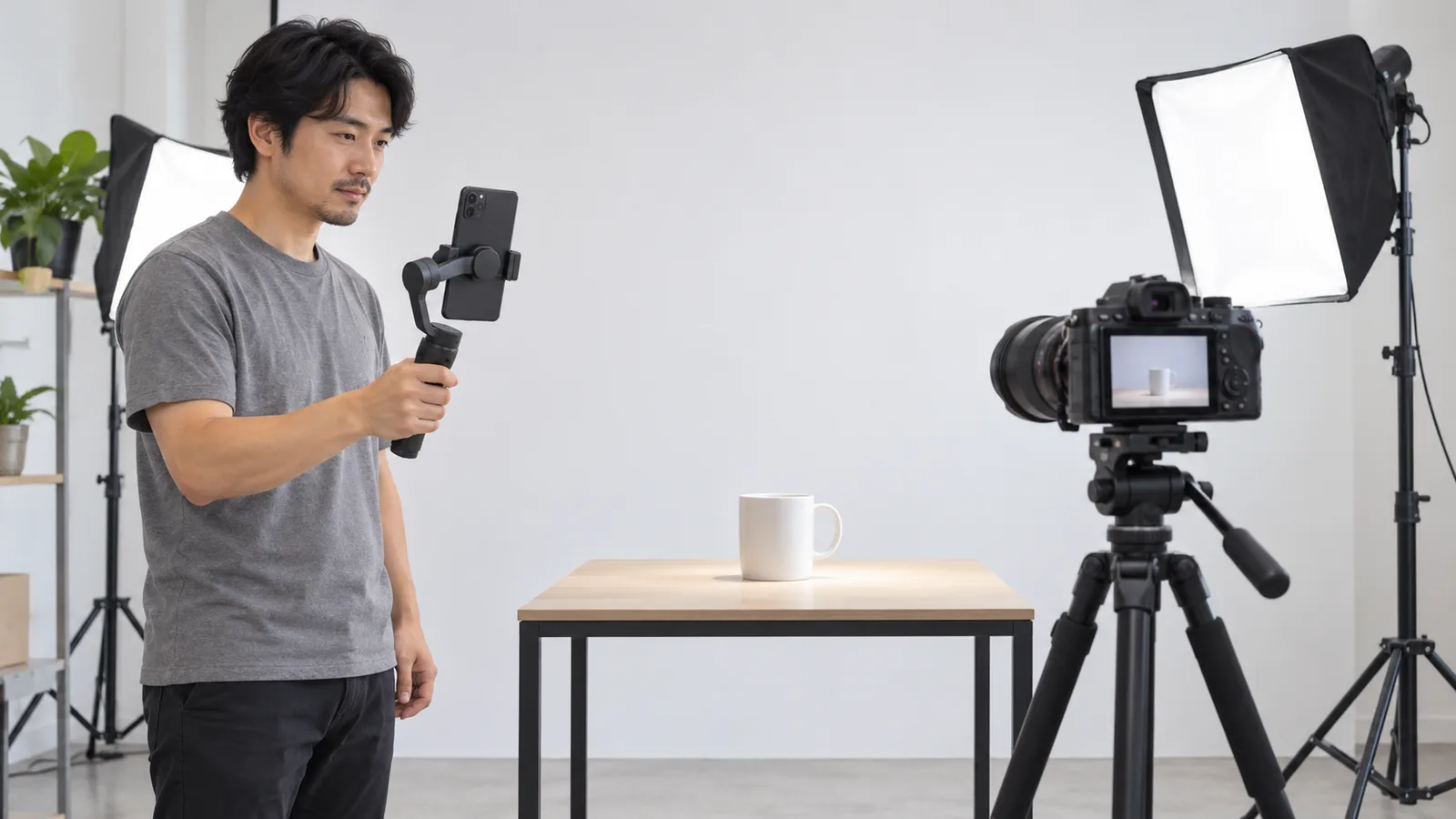 スタジオで、三脚の横向きのカメラと、ジンバルに縦に付けたスマートフォンで、同じ商品を撮影している様子