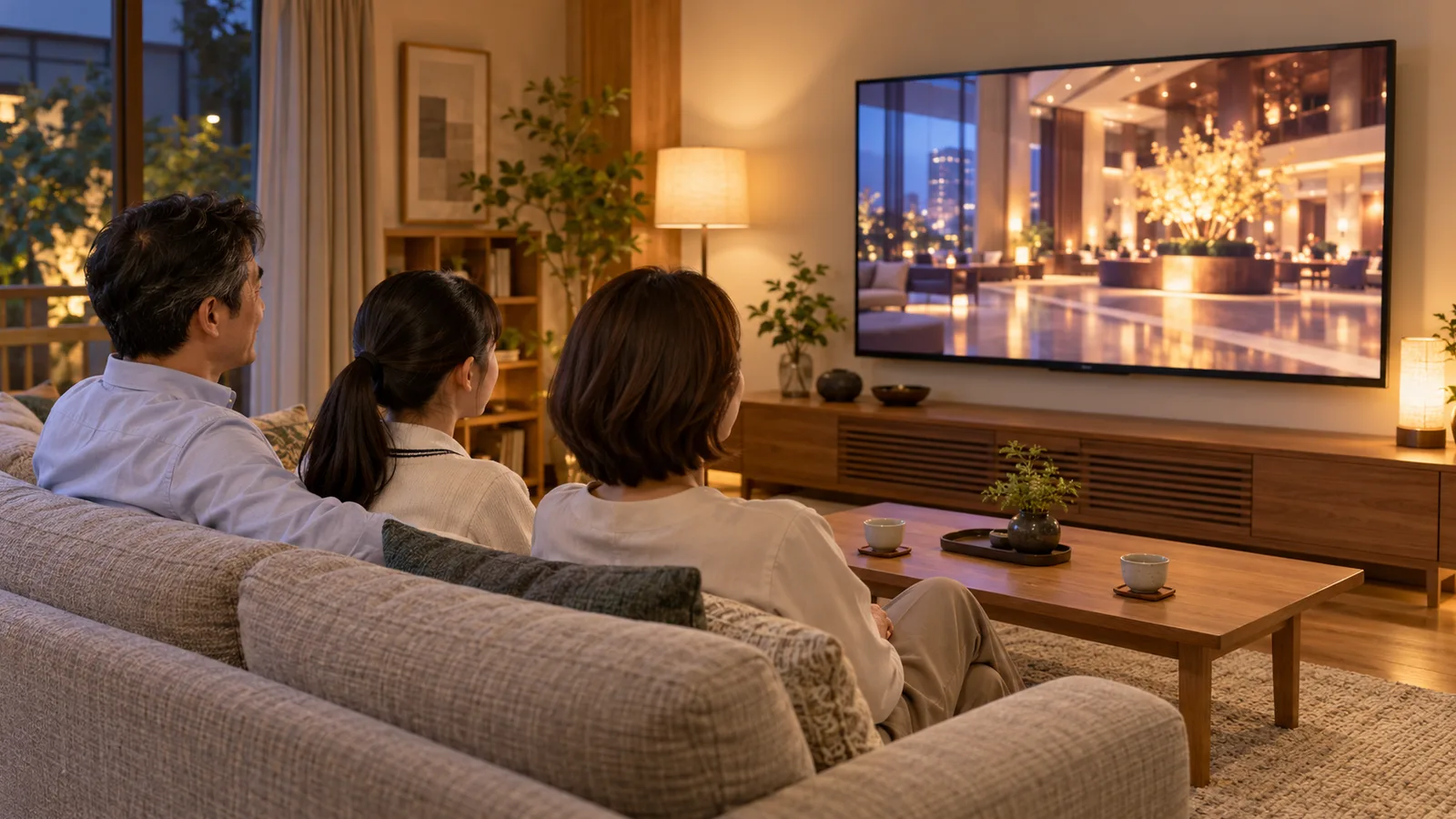 夜のリビングで、家族がソファに座り、テレビの大きな画面で動画を見ている様子