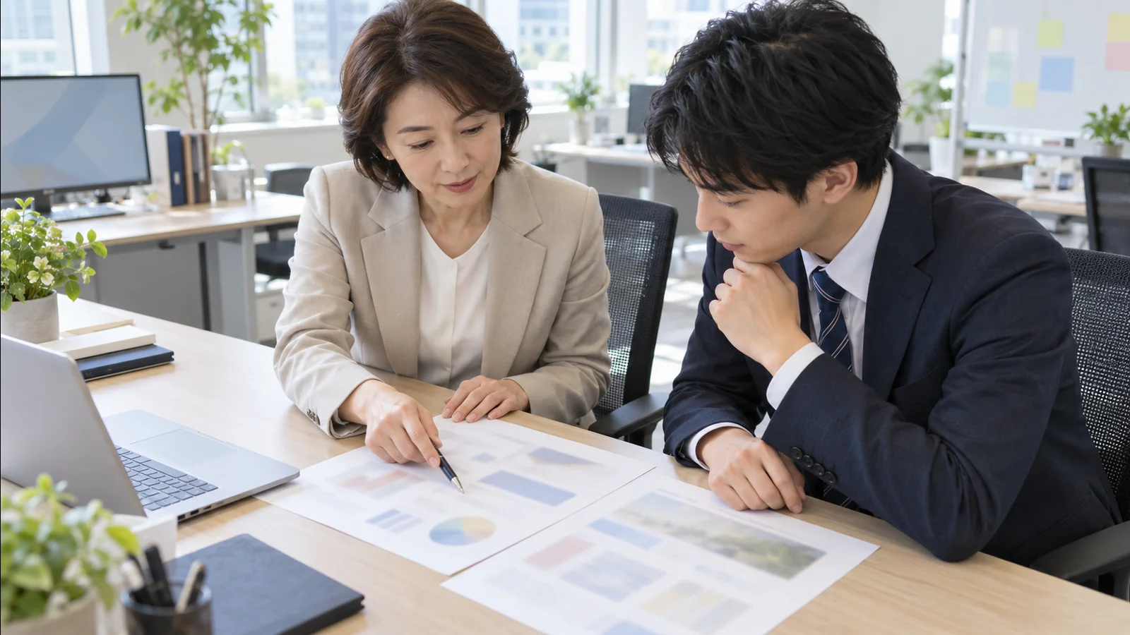机に並べた資料を、女性と若い男性の2人が一緒に見ながら確認している様子