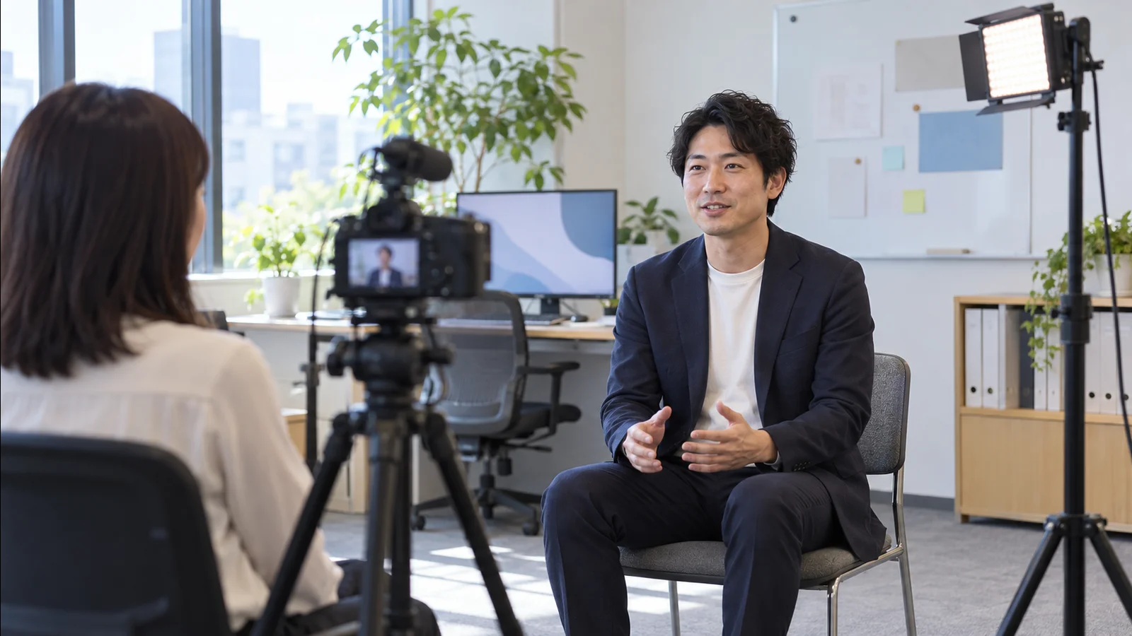 オフィスの一角で、三脚のカメラの前に座った男性社員が、聞き手に向かって自然に話している様子