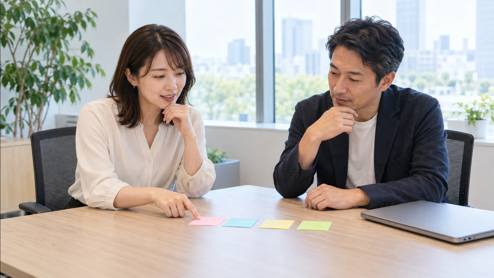 明るい会議室で、男女2人の社員が机に並べた付箋を見ながら、動画の流れを話し合っている様子