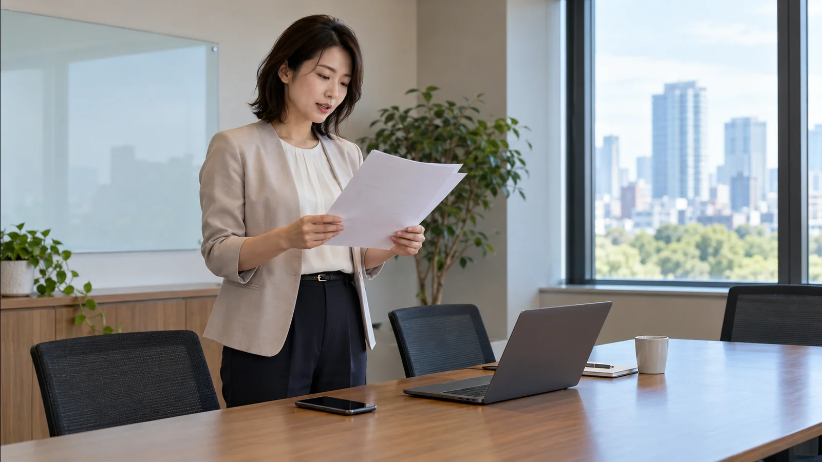 会議室で、女性が印刷した原稿を手に持ち、声に出して読んで確かめている様子