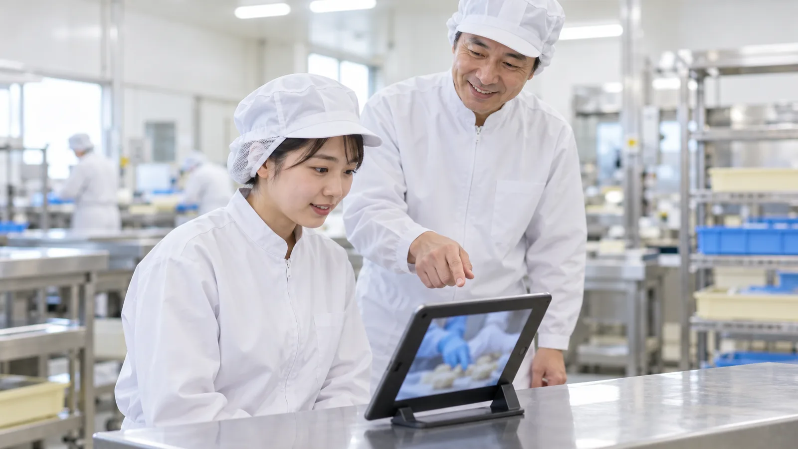 食品工場で、白い作業着の先輩社員が、新人の女性社員にタブレットの手順動画を見せながら説明している様子