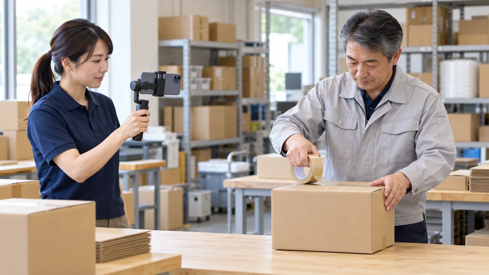 倉庫の梱包作業場で、女性社員がジンバルに付けたスマートフォンで、男性社員の梱包作業を撮影している様子