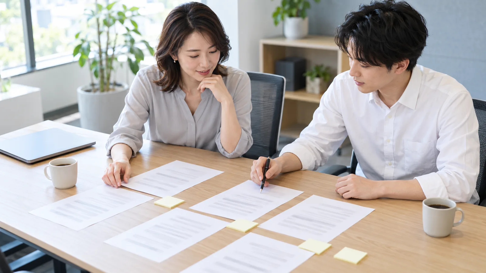 会議室の机に印刷した紙と付箋を並べて、男女2人の社員が研修動画の流れを話し合っている様子