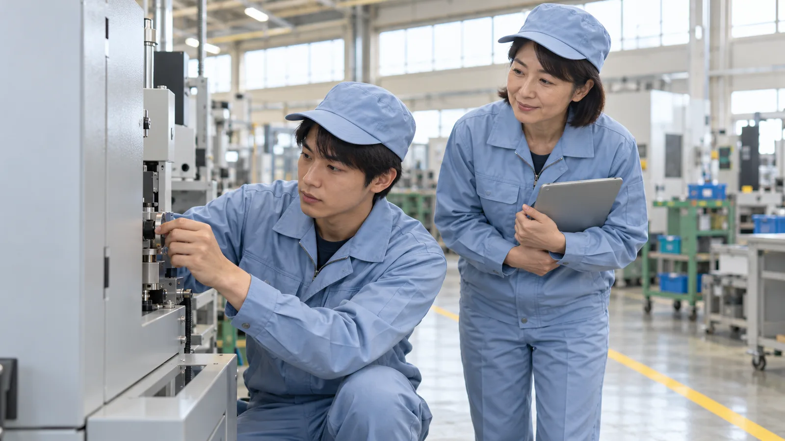 工場の機械の前で、若い男性社員が調整作業をし、横で女性社員がタブレットを手に作業を確かめている様子