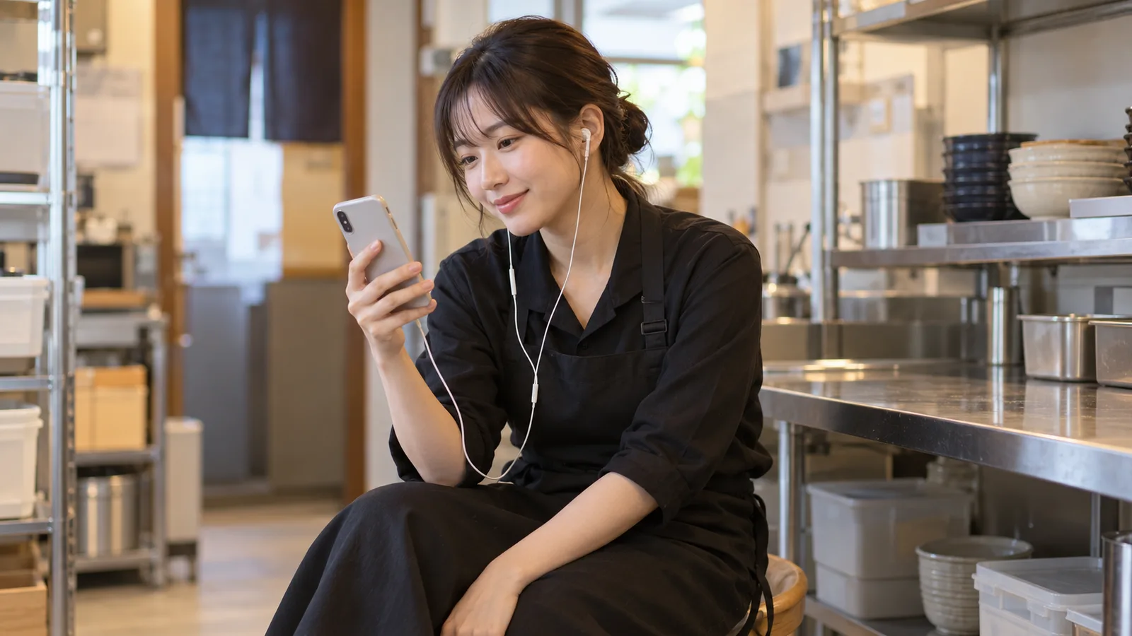 飲食店のバックヤードで、休憩中の女性スタッフがイヤホンを付けてスマートフォンで短い動画を見ている様子