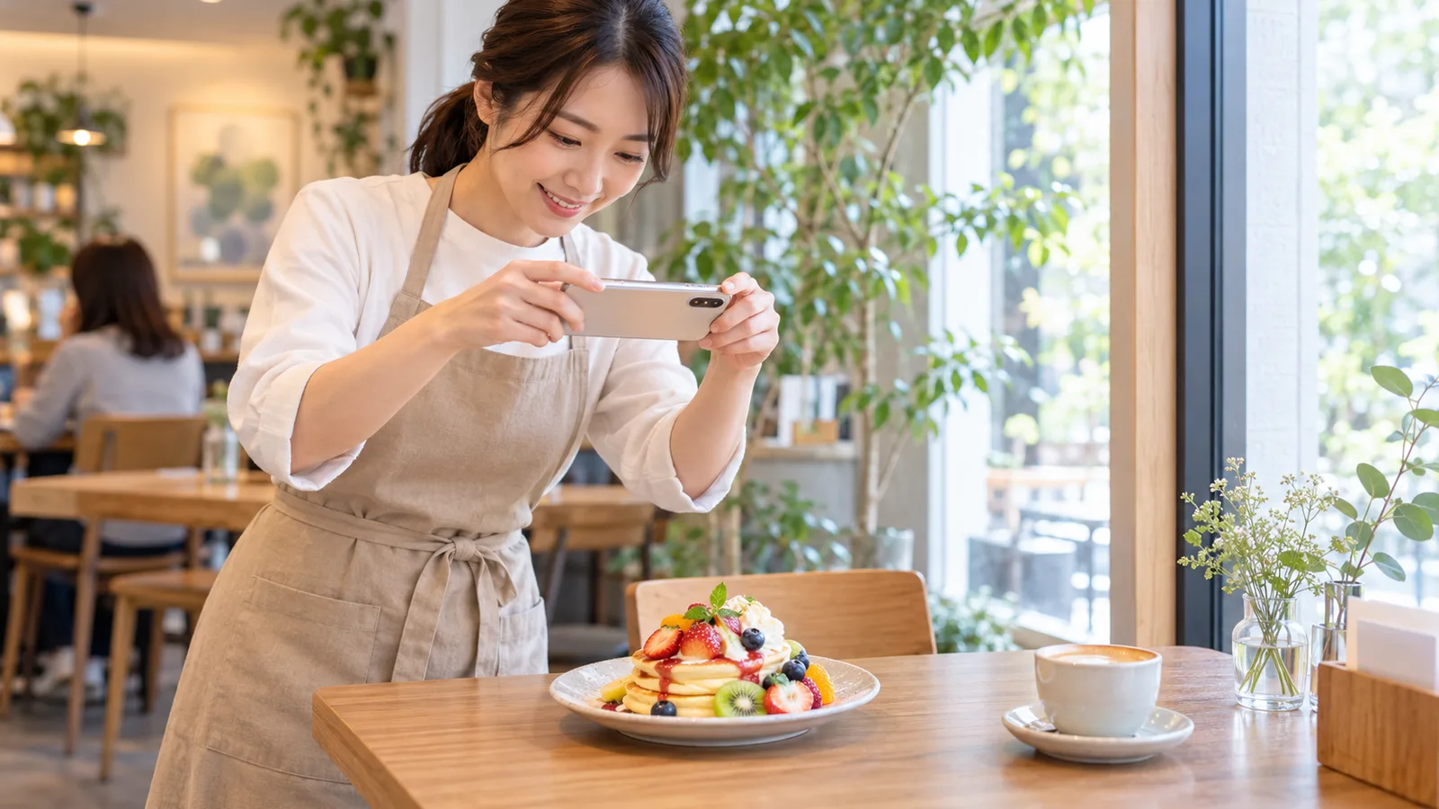 明るいカフェで、エプロン姿の女性店員が、テーブルのパンケーキをスマートフォンで撮影している様子