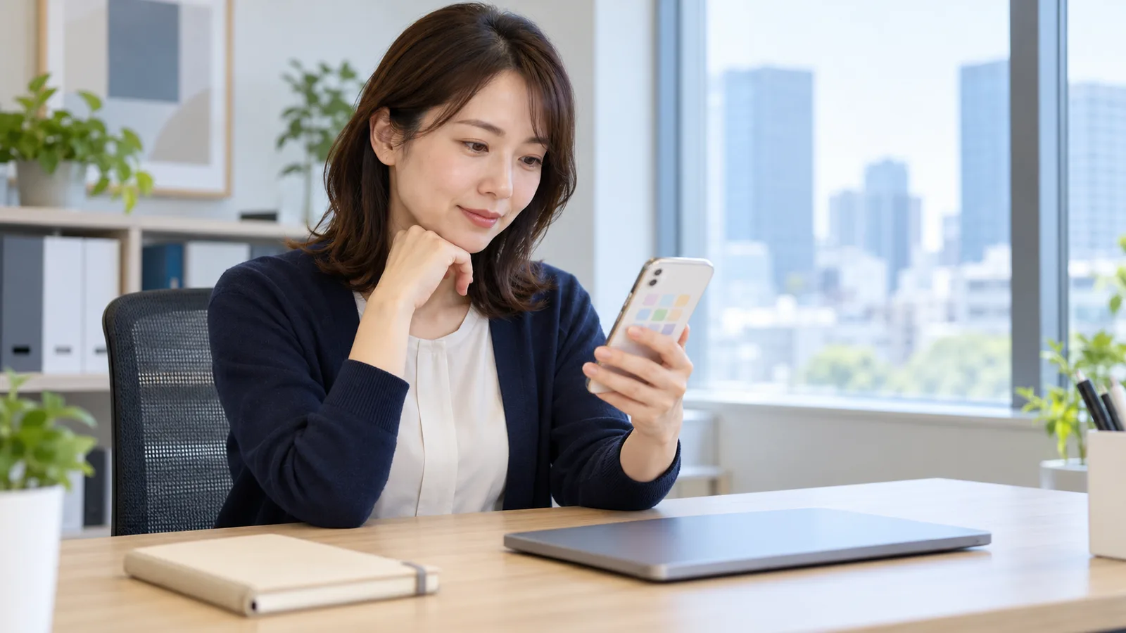 明るいオフィスで、紺色のカーディガンの女性がスマートフォンで会社のアカウントを確かめている様子