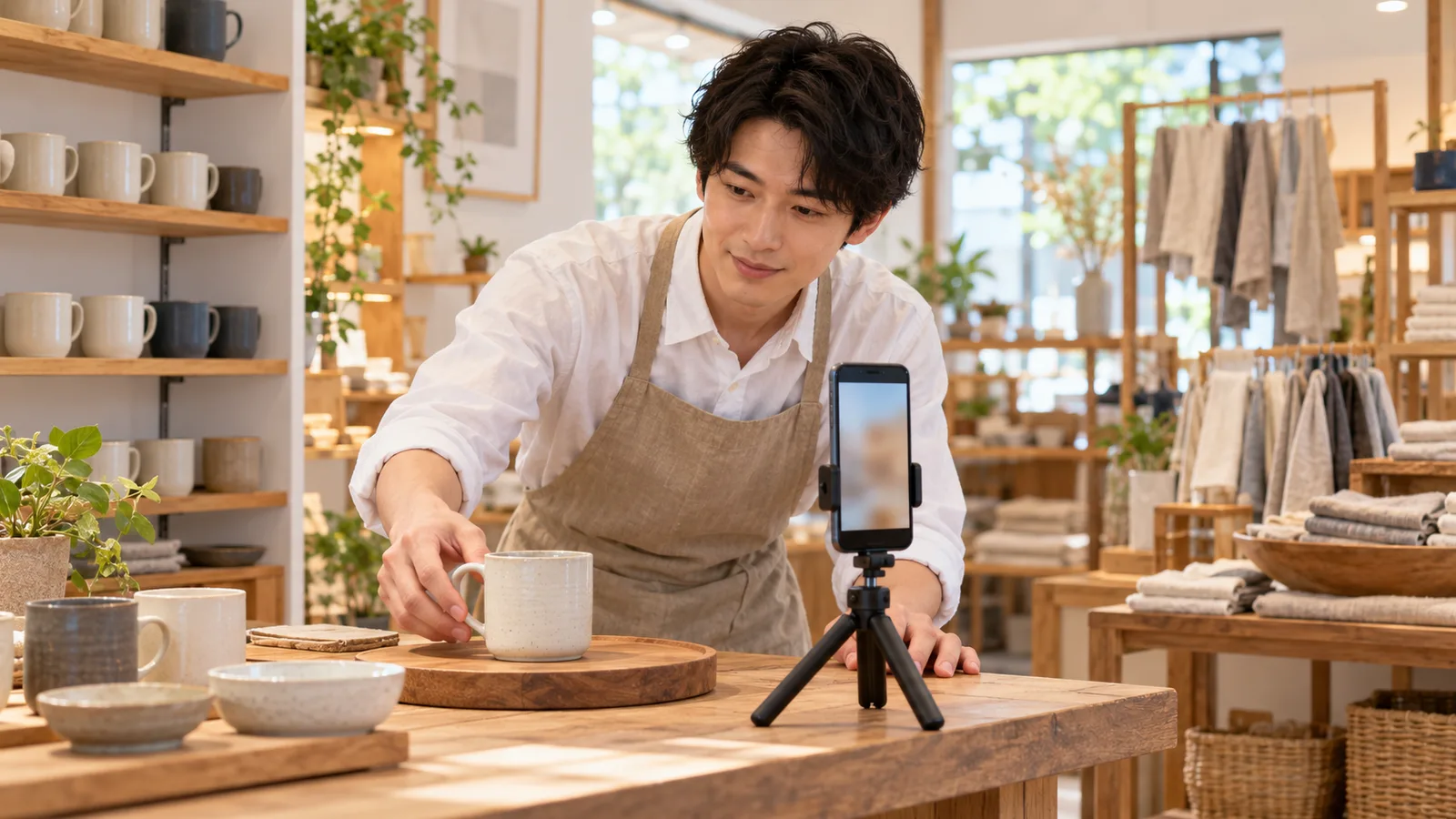 雑貨店で、エプロン姿の男性が三脚に付けたスマートフォンで、マグカップの短い動画を撮影している様子