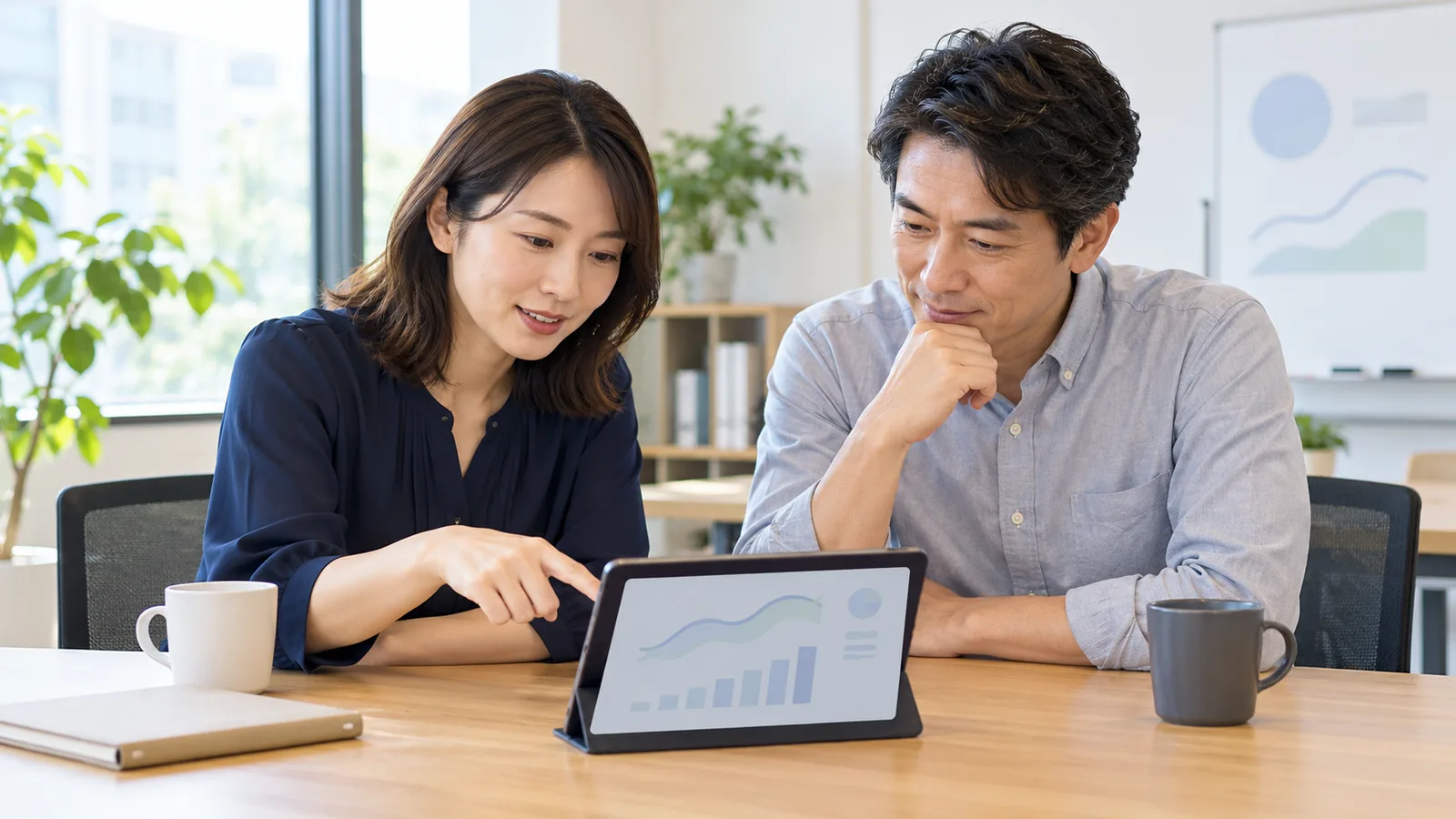 会議室で、男女2人の社員がタブレットのグラフを一緒に見て、数字を確かめている様子
