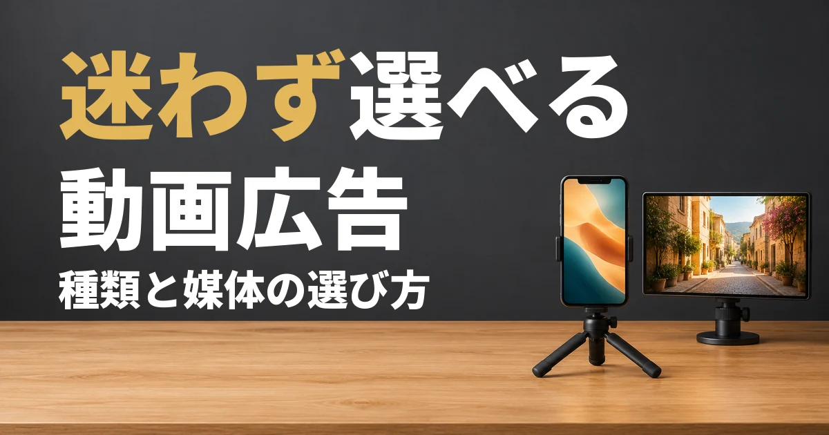 迷わず選べる動画広告。種類と媒体の選び方。濃いグレーの壁の前の木の台に、三脚に付けたスマートフォンと小さなモニターがある