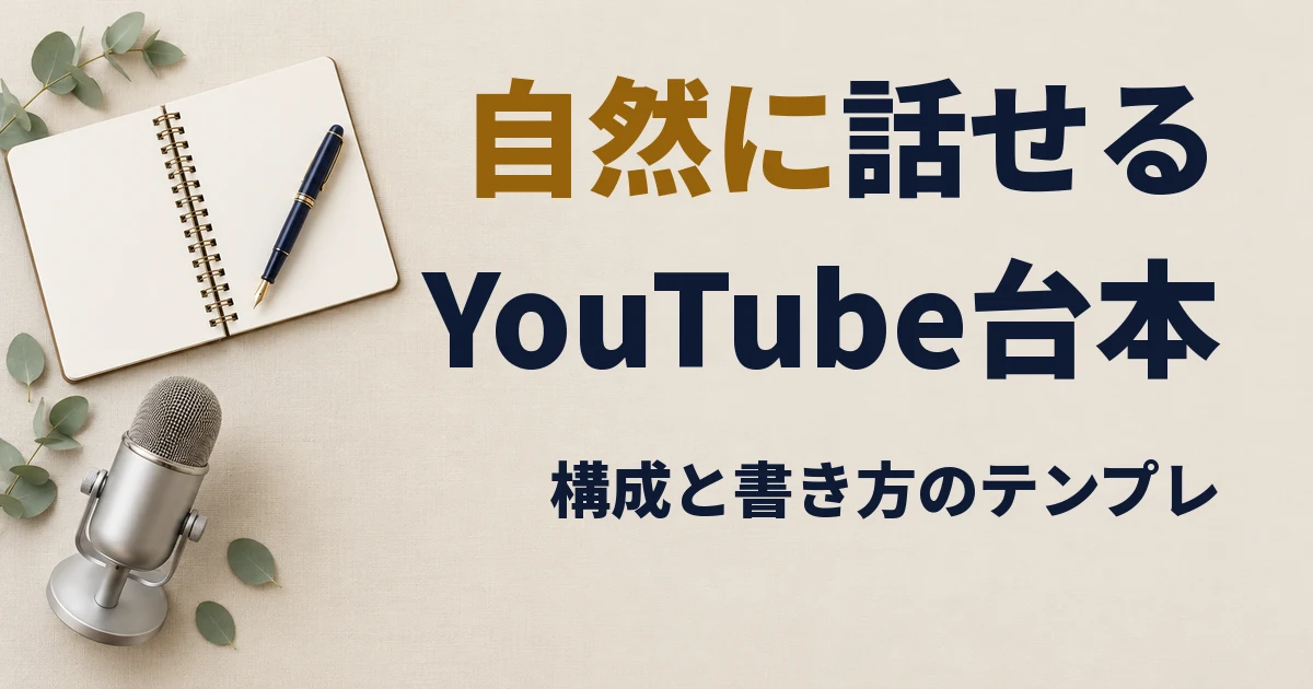 自然に話せるYouTube台本。構成と書き方のテンプレ。明るいアイボリーの机の上に、白紙のノートと万年筆、小さなマイクがある